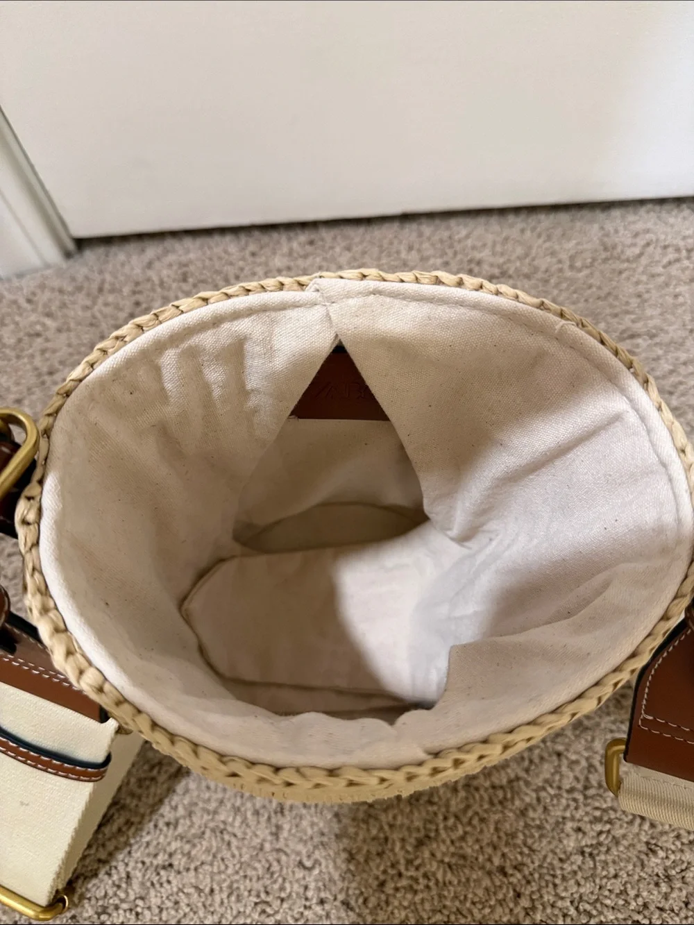 ZARA Cream and Brown Straw Bucket Crossbody Bag